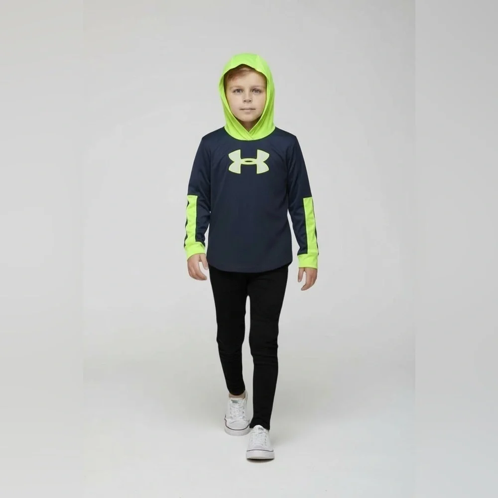 Under Armour play Dark Blue and Neon Yellow Green Hoodie Boys 6 long sleeve logo